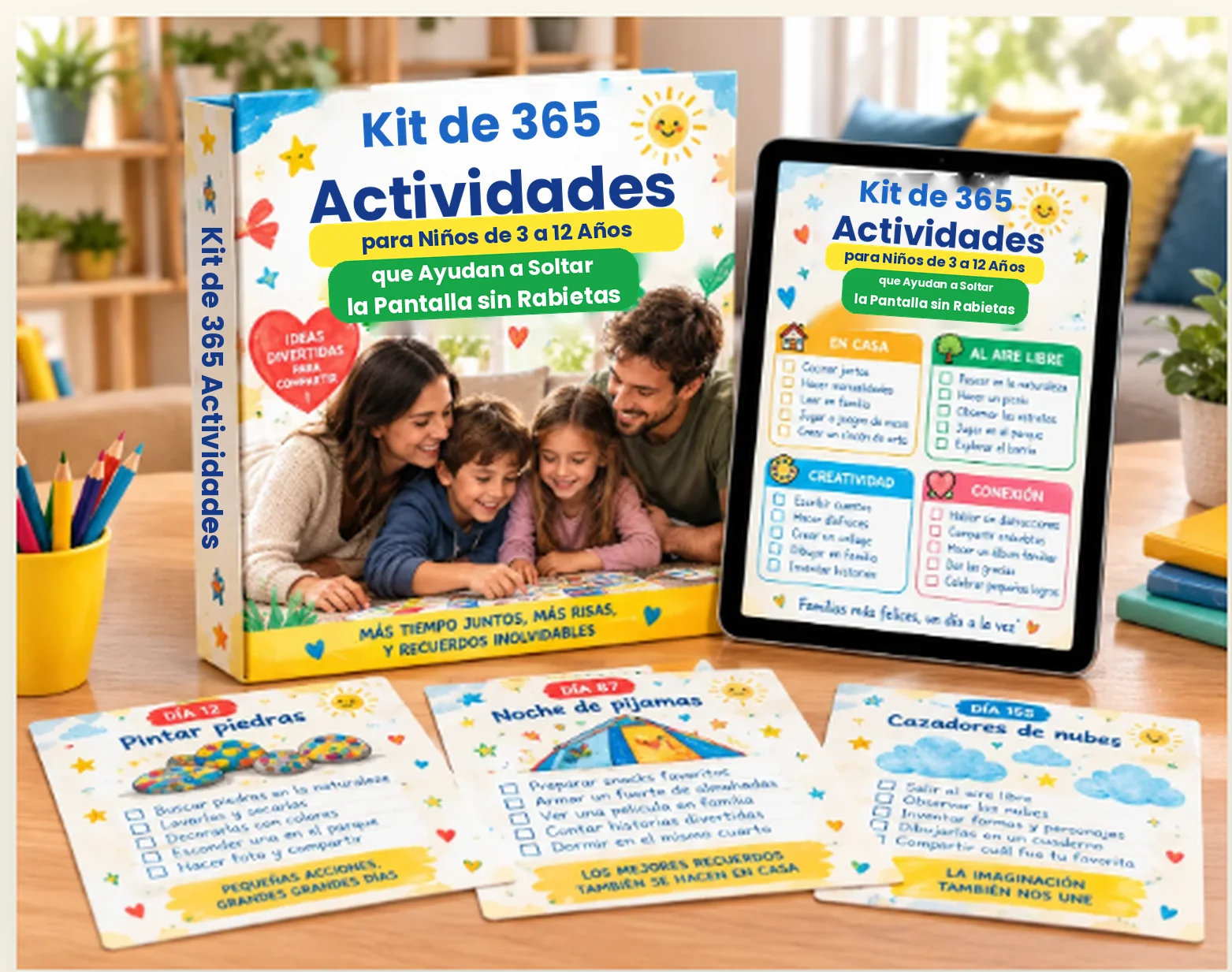 Kit de 365 Actividades para Niños de 3 a 12 Años que Ayudan a Soltar la Pantalla sin Rabietas, con la tablet y las tarjetas de actividades