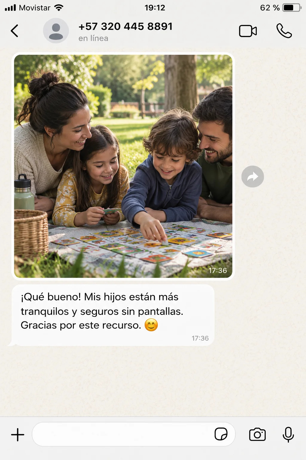 Testimonio de WhatsApp: familia juega con las tarjetas del kit en el parque